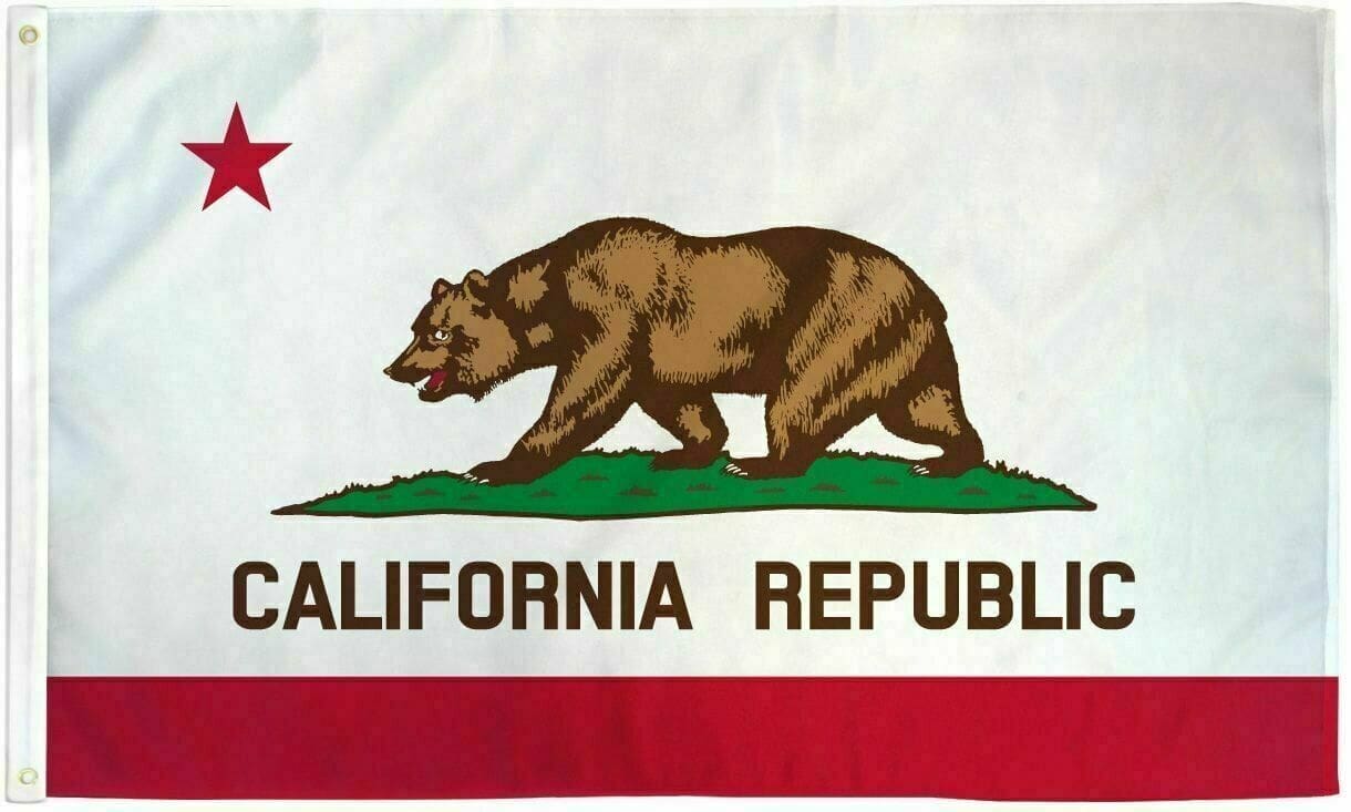 A california flag with the state bear on it.