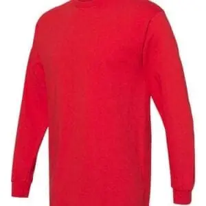 A red long sleeve shirt is shown.