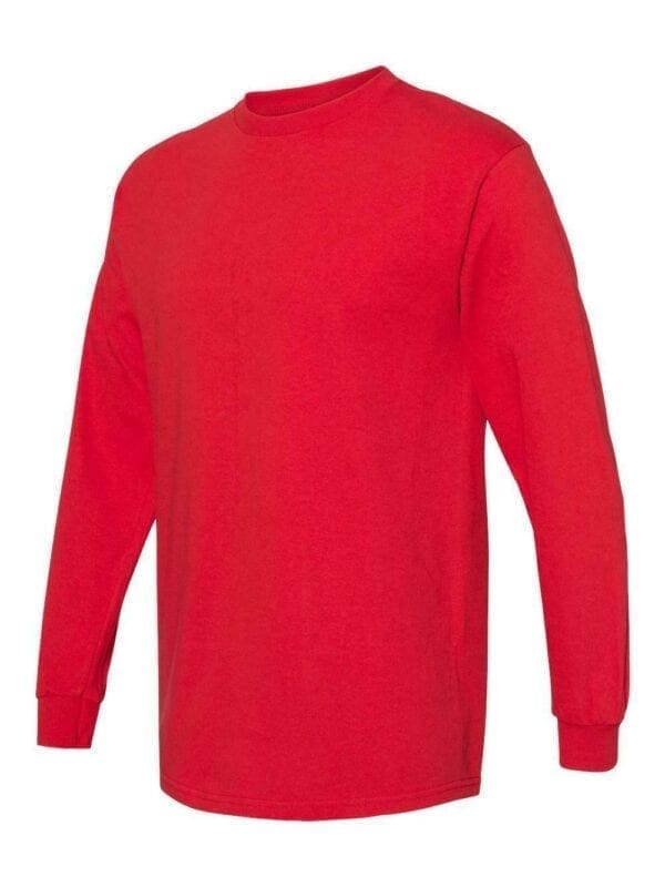 A red long sleeve shirt is shown.