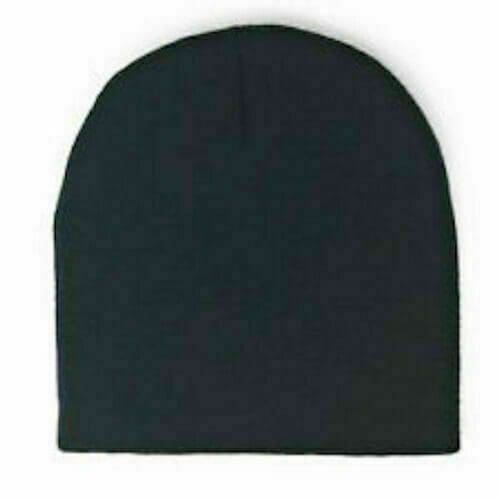 A black beanie hat is shown from the front.