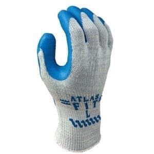 A pair of gloves with blue nitrile coating on them.