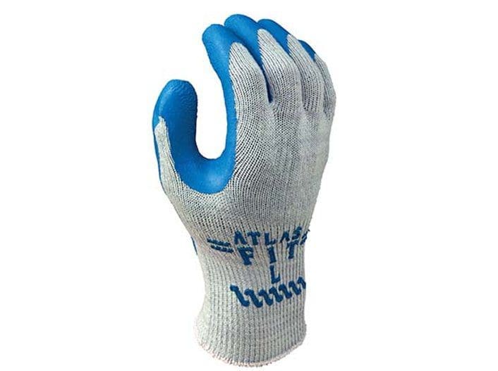 A pair of gloves with blue nitrile coating on them.