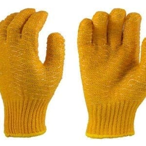 A pair of yellow gloves with the handle up.