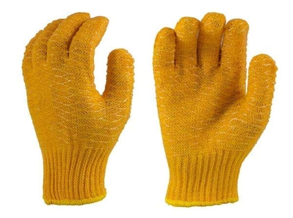 A pair of yellow gloves with the handle up.