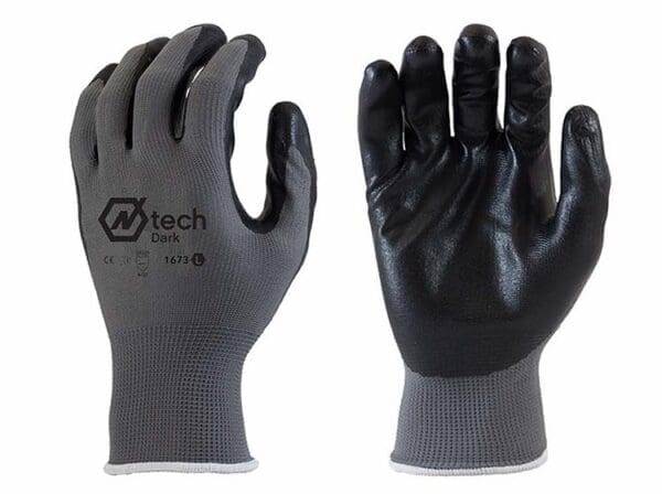 A pair of black gloves on top of a white background.