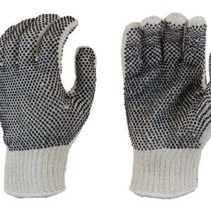 A pair of gloves with white and black dots on them.