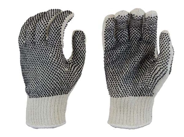 A pair of gloves with white and black dots on them.