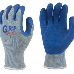 A pair of blue gloves with the word grip on them.