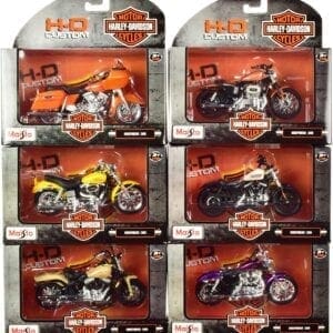 A set of six harley davidson die cast motorcycles.