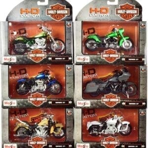 A set of six different motorcycles in packages.