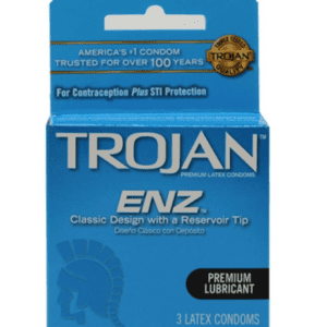 A box of trojan condom with the package showing.
