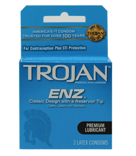 A box of trojan condom with the package showing.