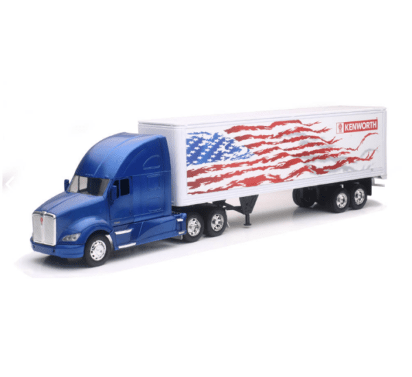 A blue semi truck with an american flag trailer.