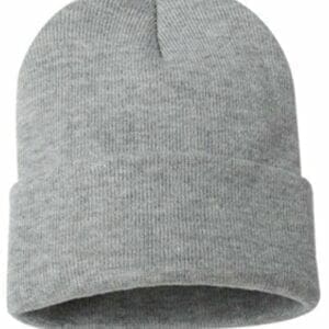 A gray beanie hat with a white logo on it.