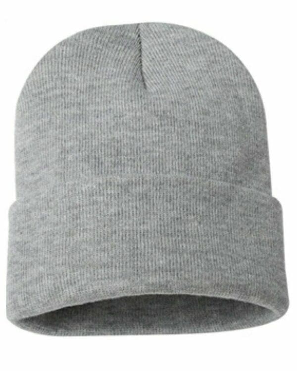 A gray beanie hat with a white logo on it.