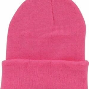 A pink beanie hat is shown from the front.