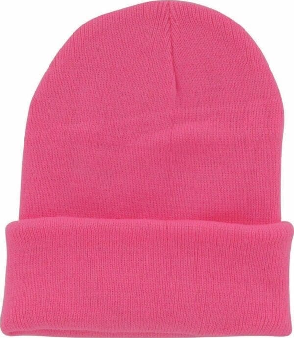 A pink beanie hat is shown from the front.