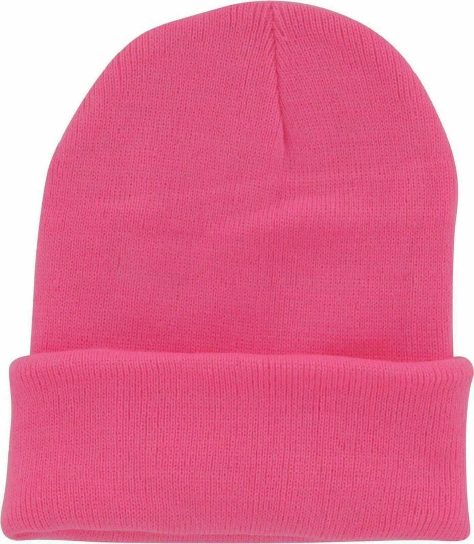 A pink beanie hat is shown from the front.