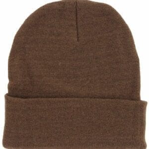 A brown beanie hat is shown from the front.