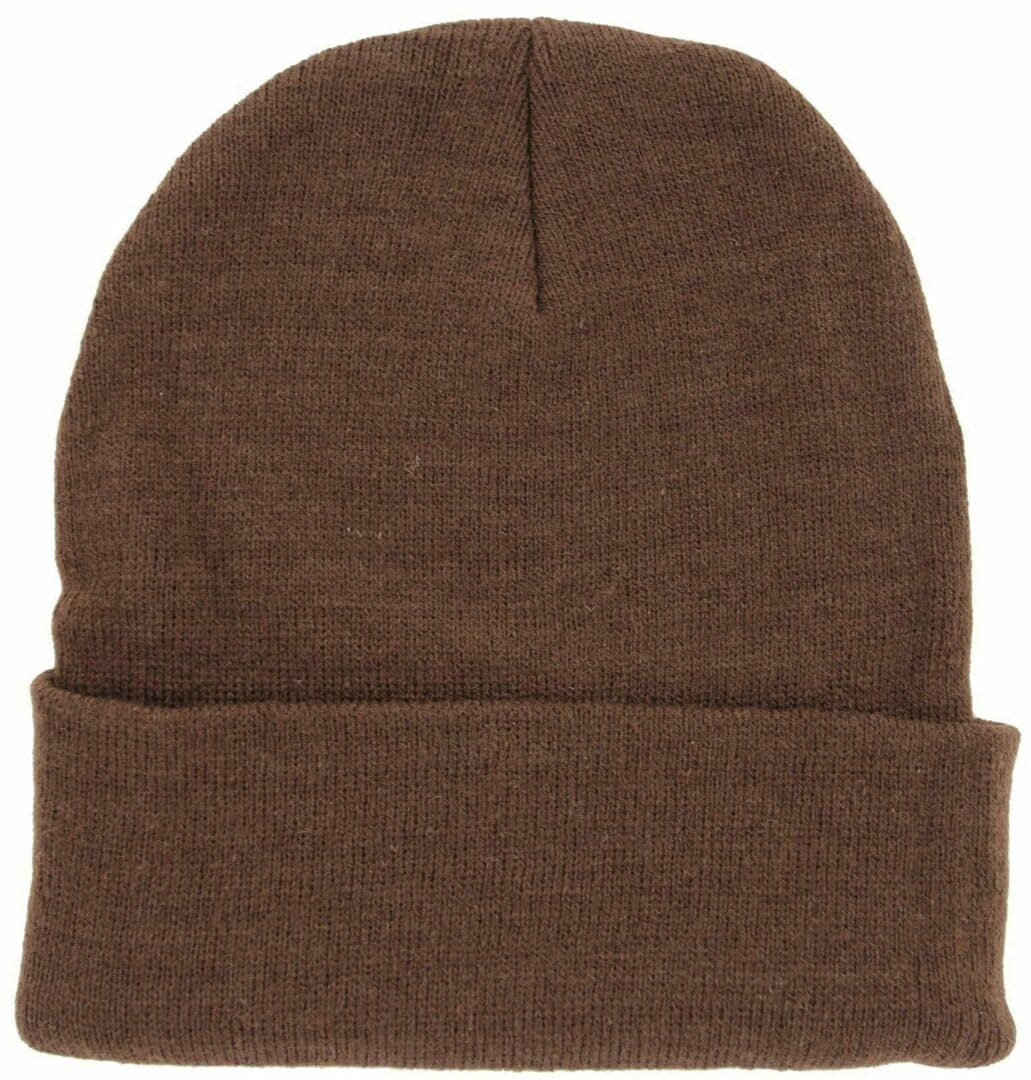 A brown beanie hat is shown from the front.