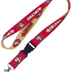 A red and gold lanyard with the number 4 9 ers on it.