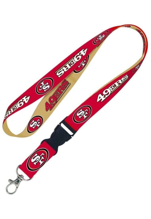 A red and gold lanyard with the number 4 9 ers on it.