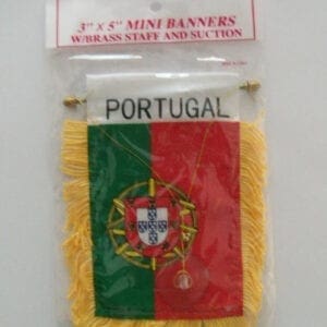 A small flag of portugal hanging on the side of a car.