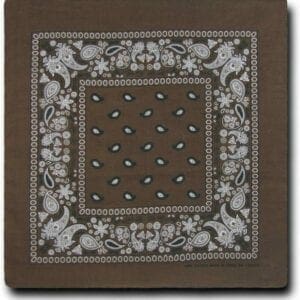 A brown bandana with white paisley design on it.