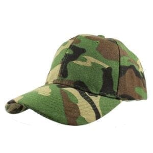 A green and brown camouflage hat is on a white background