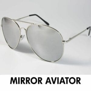 A pair of silver sunglasses with the words mirror aviator underneath.