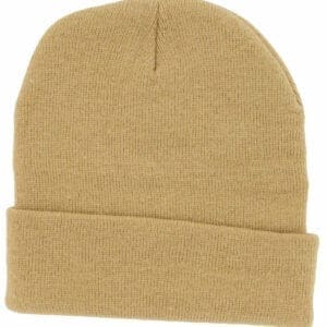 A tan beanie hat is shown from the front.