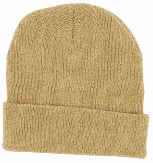 A tan beanie hat is shown from the front.