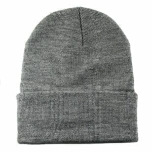 A gray beanie hat is shown from the front.