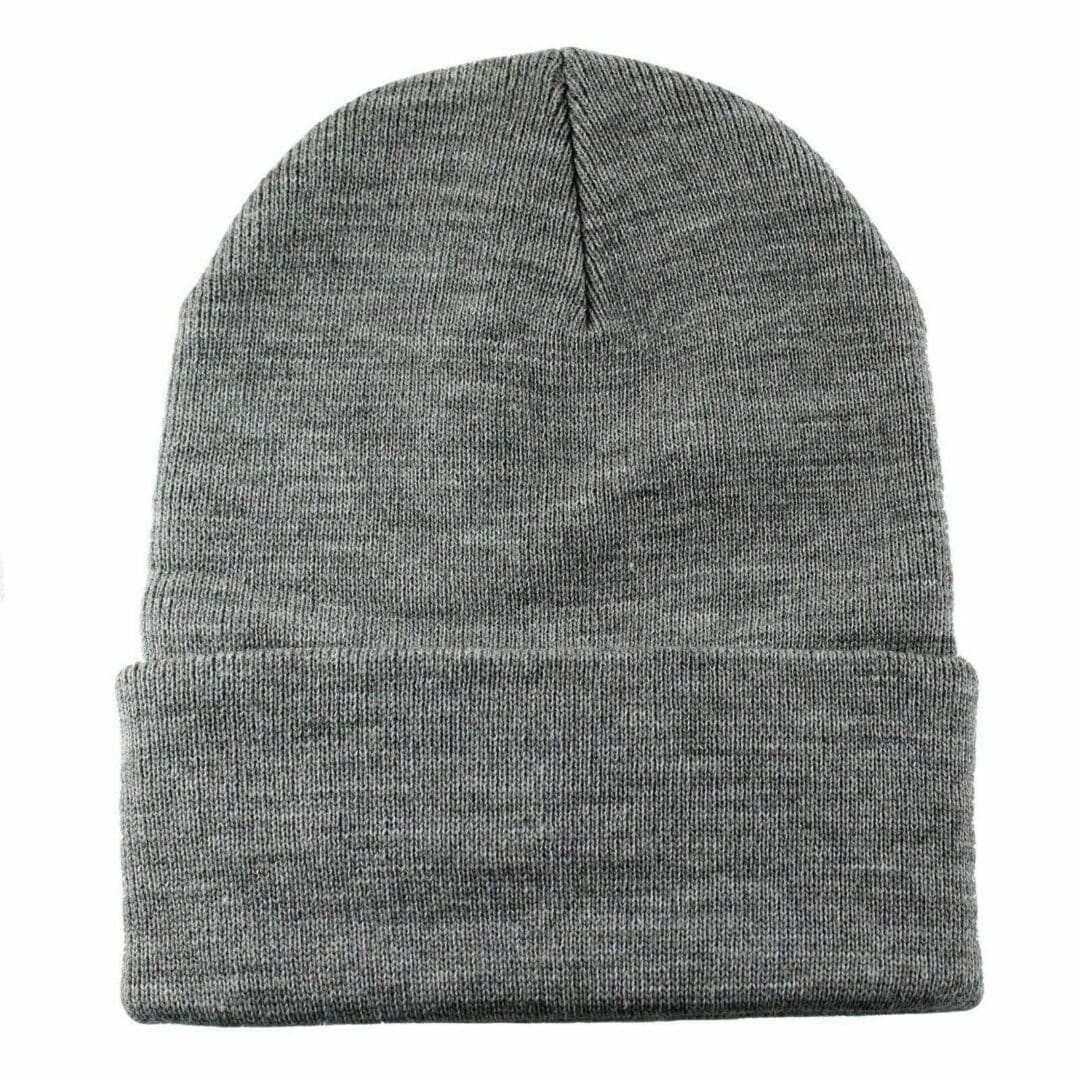 A gray beanie hat is shown from the front.