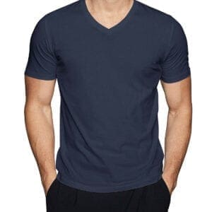 A man wearing a navy blue shirt with pockets.