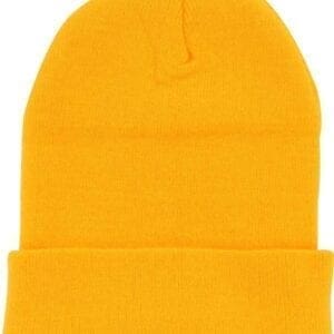 A yellow beanie hat is shown from the front.