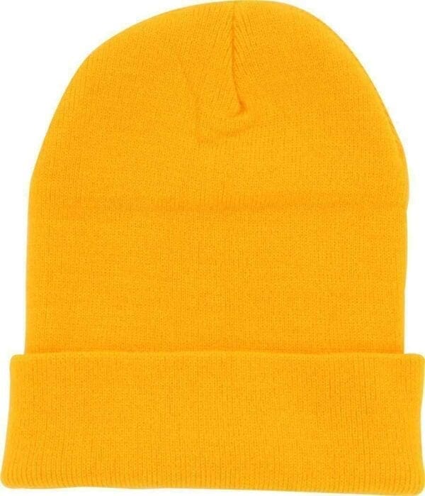 A yellow beanie hat is shown from the front.