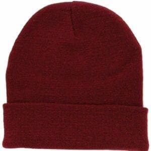 A red beanie hat is shown from the front.