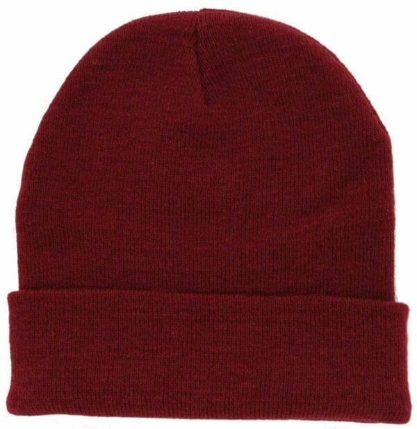 A red beanie hat is shown from the front.