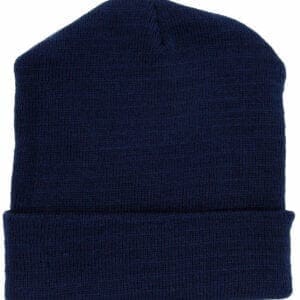 A black beanie hat is shown from the front.