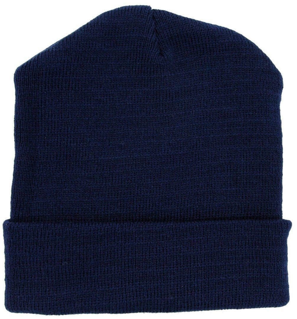 A black beanie hat is shown from the front.