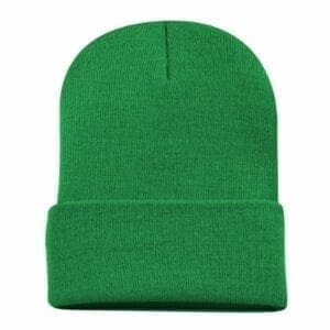 A green beanie hat is shown from the front.