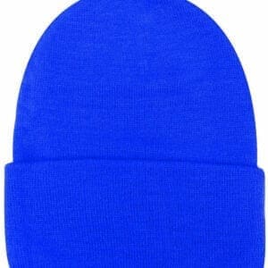 A blue beanie hat with a pom pom on top.