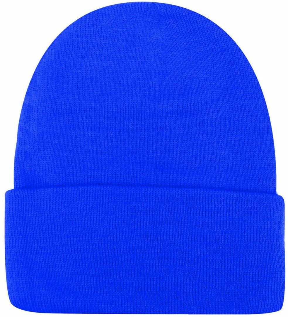 A blue beanie hat with a pom pom on top.