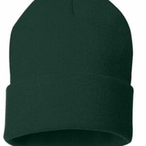 A dark green beanie hat with a black background.