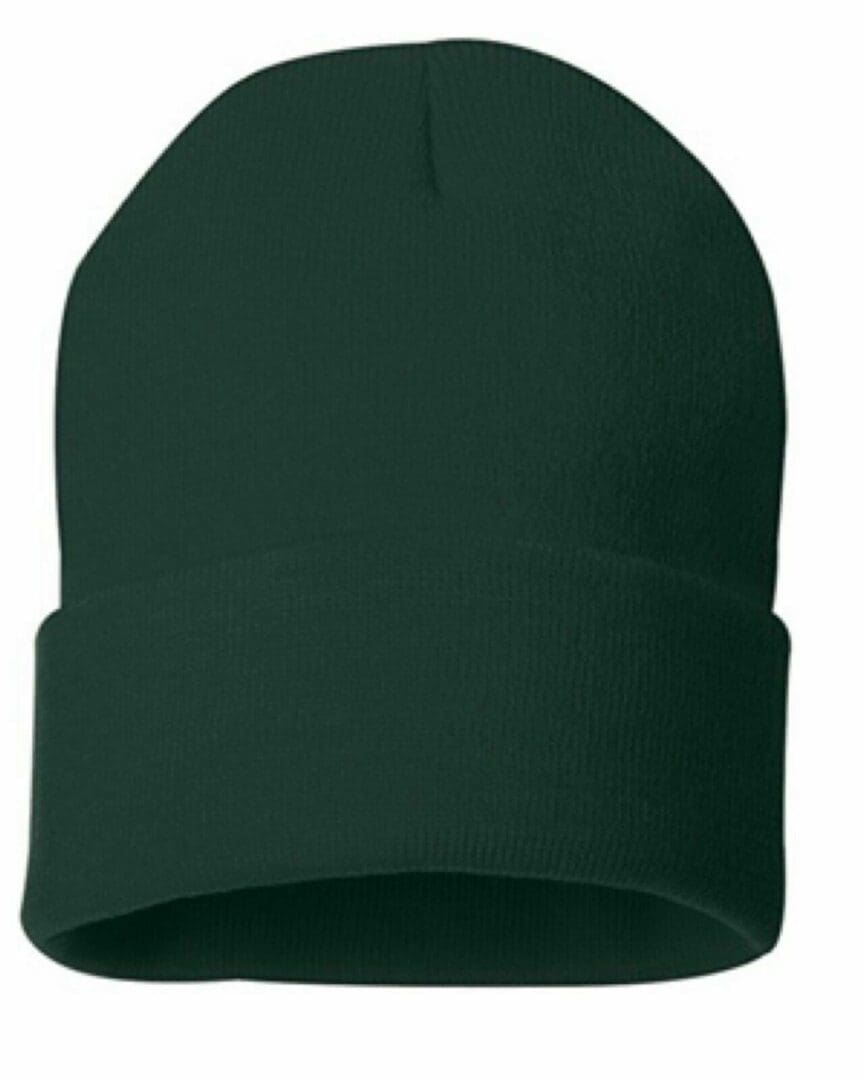 A dark green beanie hat with a black background.