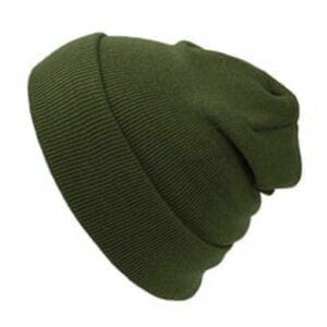 A green beanie hat is shown from the front.