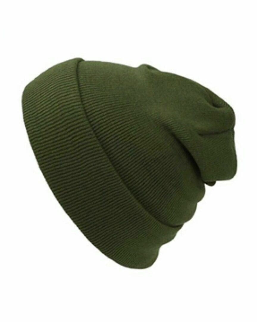 A green beanie hat is shown from the front.