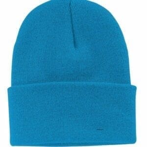 A blue beanie hat is shown from the front.