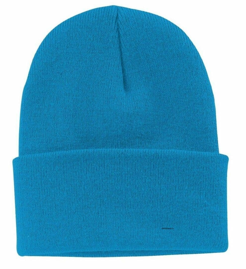 A blue beanie hat is shown from the front.